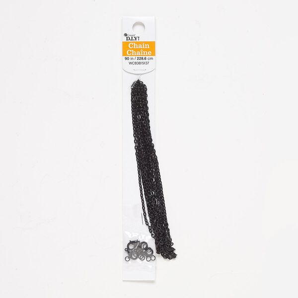 Chain, enamel and steel, black, 2.5mm cable, 90 inches with (8) 21-gauge 4.5mm jump rings and (4) 10x6mm lobster claw clasps. Sold individually. image number 0