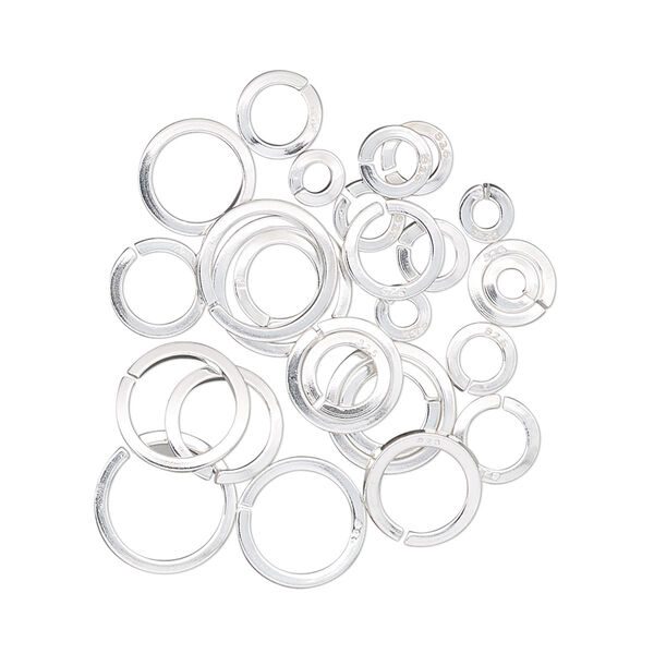 Jump ring mix, sterling silver, 4-10mm round square wire, 1.9mm-7.7mm inside diameter, 18 gauge. Sold per 5-gram pkg, approximately 25 jump rings. image number 0