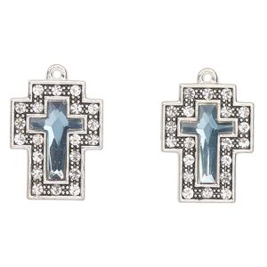 Drop, antique silver-finished "pewter" (zinc-based alloy) and glass, clear and teal, 23x17mm cross. Sold per pkg of 2.