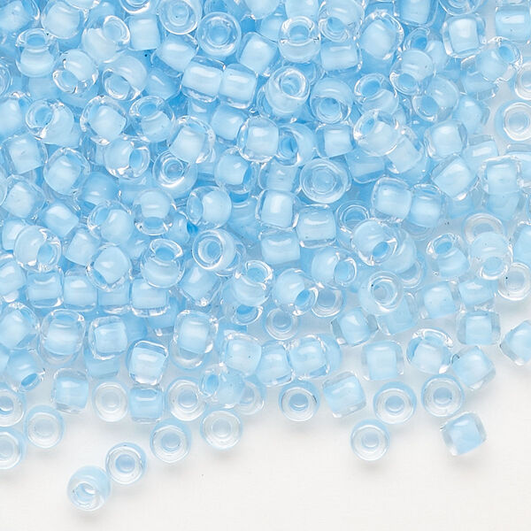 Seed bead, Dyna-Mites™, glass, translucent inside color light aqua, #6 round. Sold per 40-gram pkg. image number 0