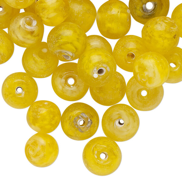 Bead, lampworked glass, translucent yellow, 8mm irregular round. Sold per 2-ounce pkg, approximately 65 beads. image number 0