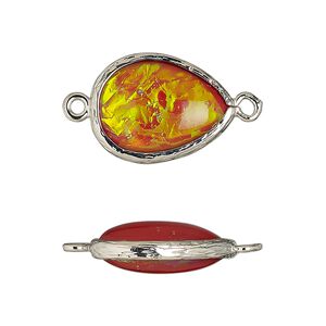 Link, Opalized Ice™, "opal" (resin) and imitation rhodium-finished brass, opaque orange, 19.5x15mm double-sided teardrop. Sold per pkg of 4.