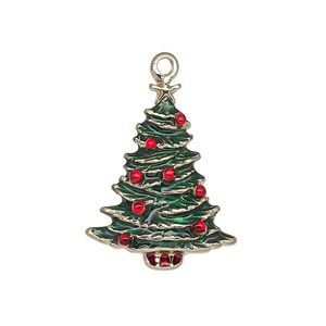 Charm, enamel and gold-finished "pewter" (zinc-based alloy), green and red, 26x20mm single-sided Christmas tree with star. Sold individually.
