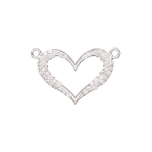 Link, sterling silver and cubic zirconia, clear, 22x16.5mm single-sided open heart. Sold individually. image number 0