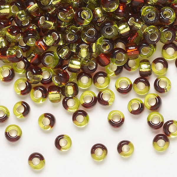 Seed bead, Miyuki, glass, pkg/25g, 4mm irregular round, transparent silver-lined green/dark red, (TB-3937). image number 0