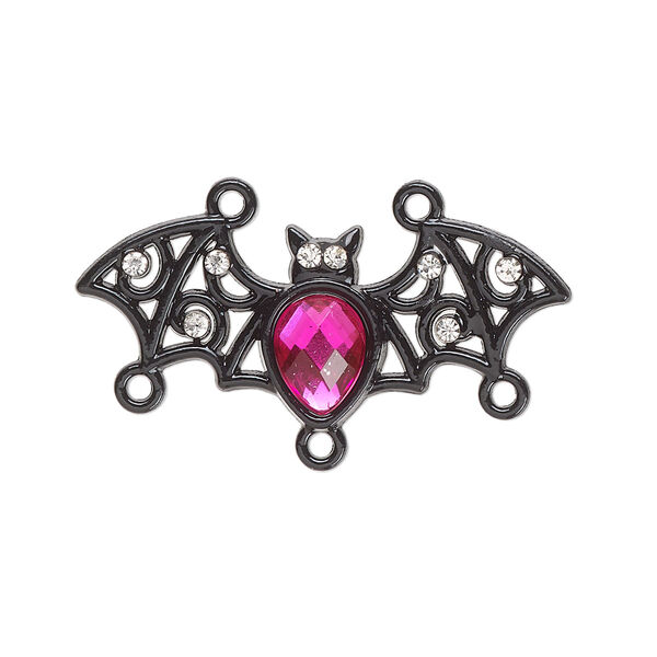 Connector, black-finished "pewter" (zinc-based alloy) and acrylic, black / pink / clear, 33x14mm bat with 2/3 loops. Sold per pkg of 2. image number 0