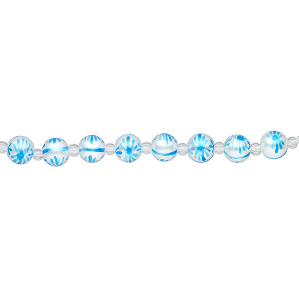 Bead, glass 1pkg8, opaque white and turquoise blue, 10mm hand-painted round. image number 1