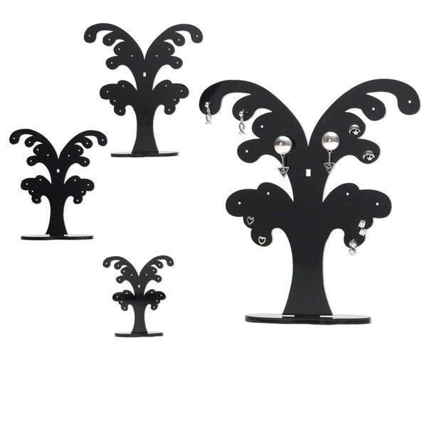 Display, earring, acrylic, black, (1) 6 x 1-1/2 x 4-inch, (1) 4-3/4 x 1-1/8 x 3-1/8 inch and (1) 3-1/2 x 1 x 2-5/16 inch tree. Sold per set of 3. image number 0