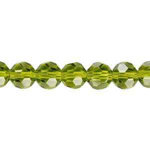 Bead 1pk 32 facets transparent peridot green, Celestial Crystal® 8mm round 15.5-16 inch
