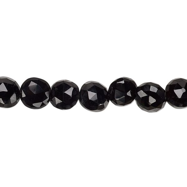 Bead, black onyx (dyed), 7-8mm hand-cut faceted puffed flat round, B+ grade, Mohs hardness 6-1/2 to 7. Sold per 7-inch strand. image number 0