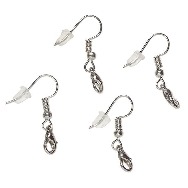 Ear wire, steel and brass, pkg/2 pairs, 19mm fishhook with lobster claw clasp and safety nut, silver finish, 22 gauge. image number 0