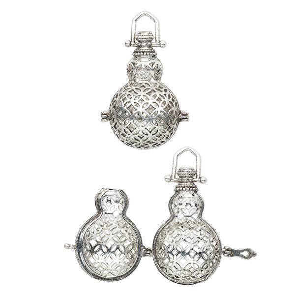 Focal, antique silver-finished brass, 35.5x19mm bead cage with cutout mesh design and safety latch, fits up to 18mm bead. Sold individually. image number 0