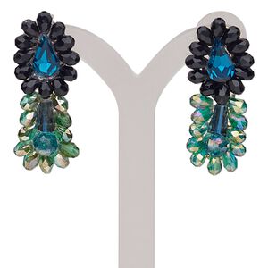 Earring, glass / stainless steel / gold-finished brass, green AB / black / blue, 1-1/2 inches with teardrop and flower with post. Sold per pair.