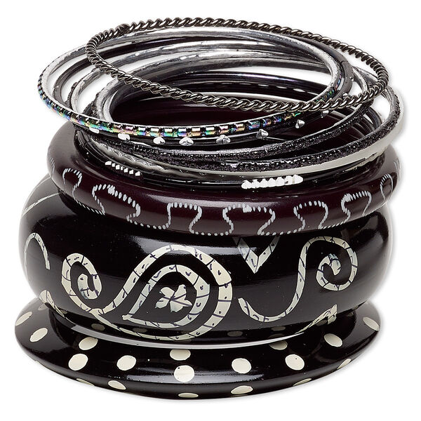 Bracelet, bangle, resin / aluminum / steel / painted wood, assorted colors, 2.5-30mm wide, 7-1/2 to 8 inches. Sold per 12-piece set. image number 0