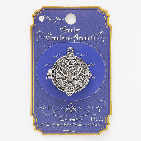 Focal, silver-finished "pewter" (zinc-based alloy) and steel, 33mm round locket with cutout lotus and hinged magnetic closure. Sold individually. image number 0