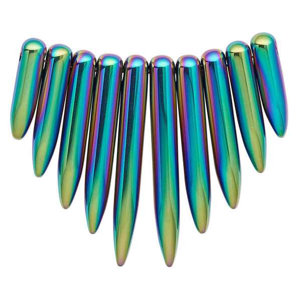 Focal, electroplated Hemalyke™ (man-made), rainbow, 20x5mm-40x5mm graduated spike fan. Sold per 10-piece set. image number 0