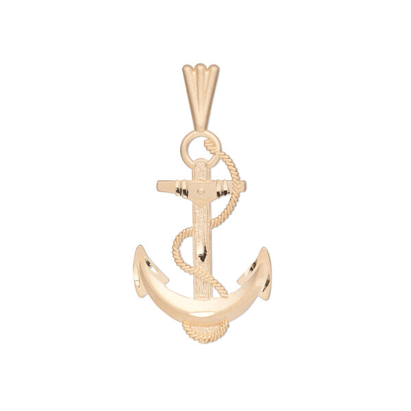 Pendant, 14Kt gold, 30x15mm single-sided diamond-cut satin anchor and rope. Sold individually. image number 0