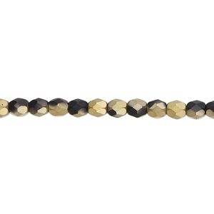 Bead, Czech fire-polished glass, opaque black half-coated matte gold amber, 4mm faceted round. Sold per 15-1/2" to 16" strand.