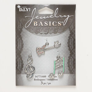 Charm assortment 1pkg3, silver-finished brass / acrylic / enamel, pink and teal green, 25x12mm clef note / 23x17mm musical note / 29.5x10mm guitar.