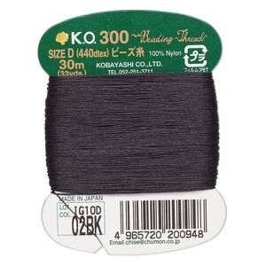 Thread, K.O., waxed nylon, black, 0.15mm diameter, 4-pound test. Sold per 33 yard card.