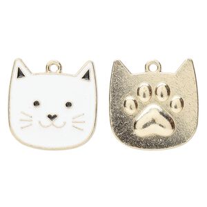 Charm, gold-finished "pewter" (zinc-based alloy) and enamel, white and black, 22.5x22mm two-sided cat face. Sold per pkg of 2.
