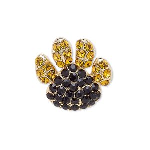 Spot pin, Czech glass rhinestone with gold-finished brass and "pewter" (zinc-based alloy), amber brown and black, 32x24mm paw. Sold individually.