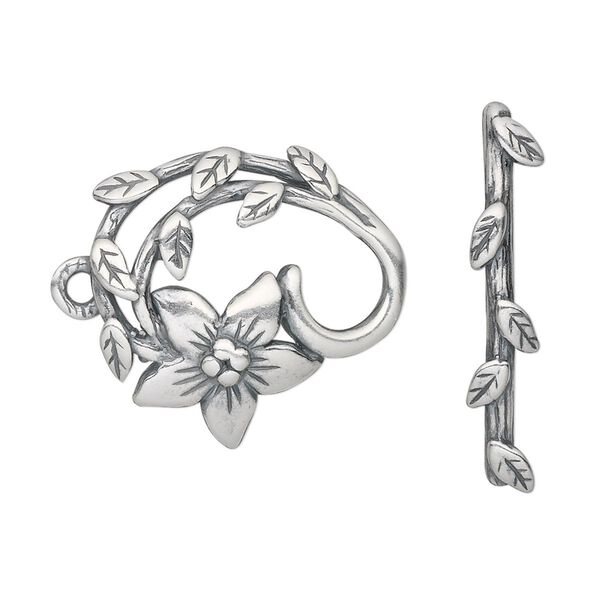 Clasp, JBB Findings, toggle, antique silver-plated pewter (tin-based alloy), 24x22.5mm single-sided fancy flower. Sold individually. image number 0