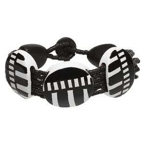 Bracelet, painted wood and coconut shell, black and white, 8 inches with button clasp. Sold individually.