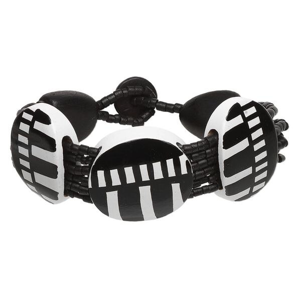 Bracelet, painted wood and coconut shell, black and white, 8 inches with button clasp. Sold individually. image number 0