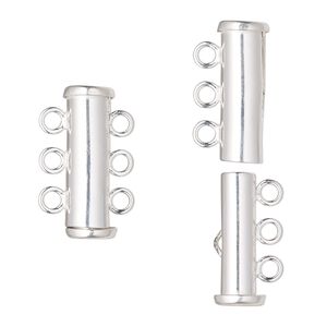 Clasp slide lock 1pkg1 sterling silver, 22x6mm tube, 3-strand