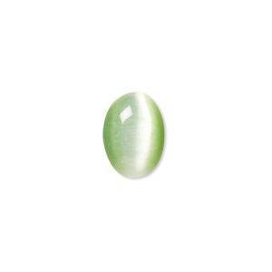 Cabochon, cat's eye glass (fiber optic glass), light green, 14x10mm calibrated oval, quality grade. Sold per pkg of 10.