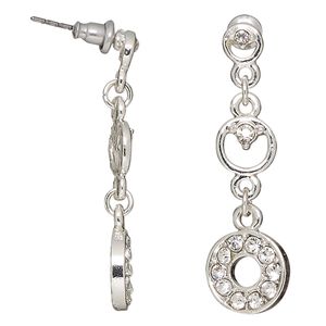 Earring, glass rhinestone / stainless steel / antique silver-finished "pewter" (zinc-based alloy), 1-1/2 inches with circles and post. Sold per pair.
