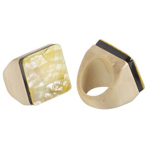 Ring, Everyday Jewelry, Taiwanese cheesewood, yellow and black, 17mm square, size 7. Sold individually.