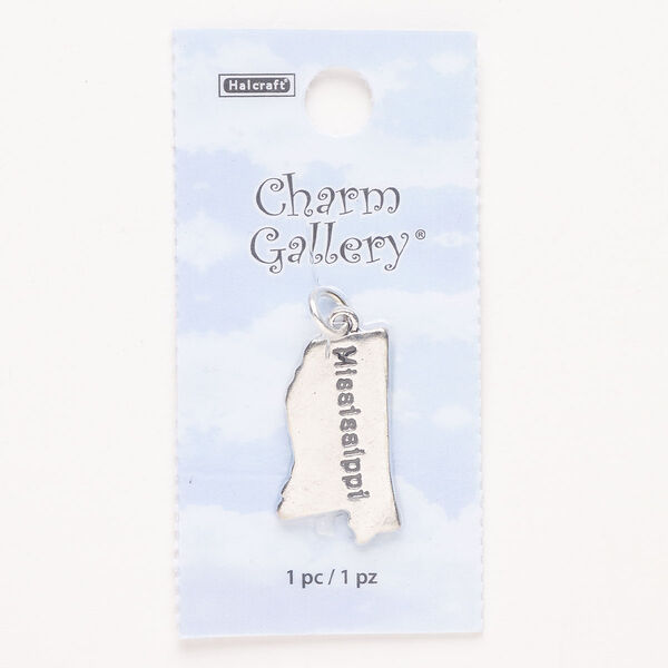 Charm, steel and enamel, pkg/1, silver finish and black, 25x14mm with "Mississippi." image number 0