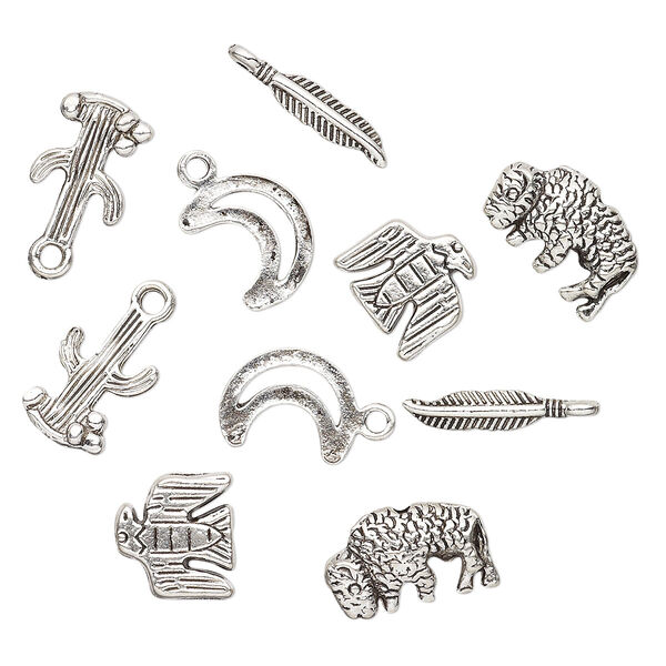 Bead and charm, antiqued silver-finished "pewter" (zinc-based alloy), 12x12mm-19x4mm assorted Southwest theme. Sold per pkg of 10. image number 0
