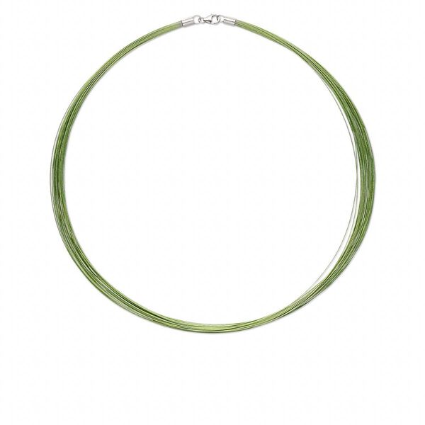 Necklace, sterling silver and nylon-coated stainless steel, peridot green, 48-50 strand, 18 inches with lobster claw clasp. Sold individually. image number 0