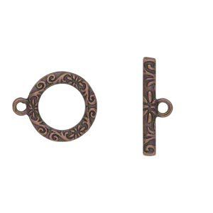 Clasp toggle 1pkg8 "pewter" (zinc alloy), 17mm round, antique copper-finished 1-strand