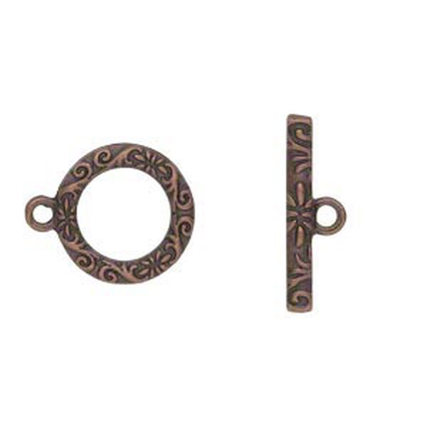 Clasp, toggle, antique copper-finished "pewter" (zinc-based alloy), 17mm single-sided round with vine and flower design. Sold per pkg of 8. image number 0