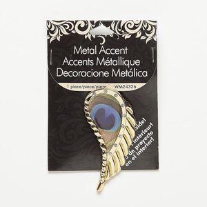 Focal, resin / glass rhinestone / gold-finished "pewter" (zinc-based alloy), multicolored, 63x32mm feather with peacock feather design. Sold individually.
