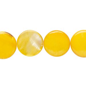 Bead, mother-of-pearl shell (dyed), yellow, 14-15mm flat round with 0.6-1mm hole, Mohs hardness 3-1/2. Sold per 15-inch strand.