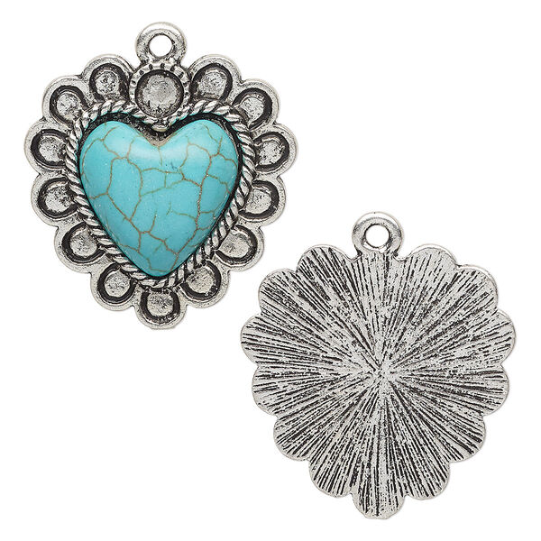 Charm, "turquoise" (resin) (imitation) and antique silver-finished "pewter" (zinc-based alloy), turquoise blue, 27mm single-sided heart. Sold individually. image number 0