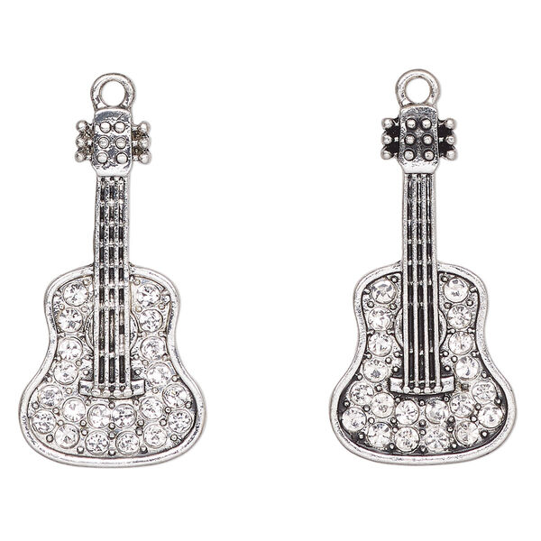 Focal, antique silver-finished "pewter" (zinc-based alloy) and glass, clear, 33x17mm guitar. Sold per pkg of 2. image number 0