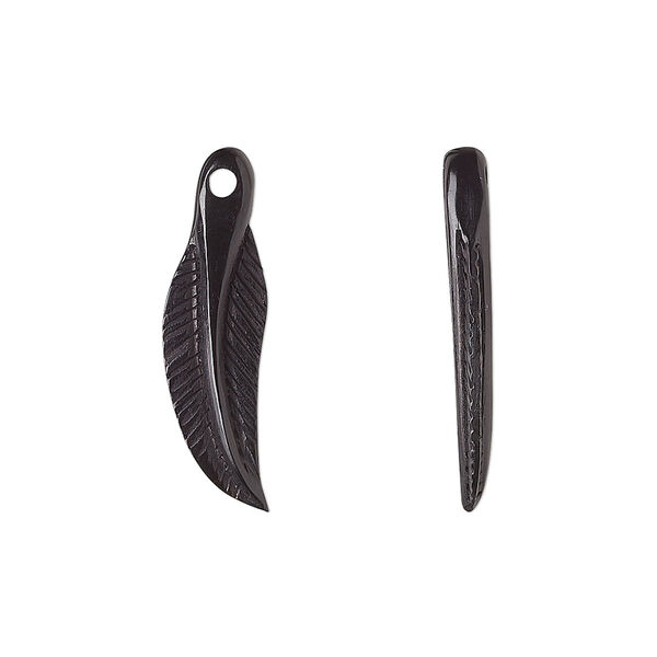 Drop, horn (natural), black, 20x6mm hand-carved feather. Sold per pkg of 2. image number 0