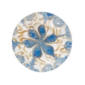 Focal, pyram top shell (assembled), blue and white, 30mm top-drilled round with flower, Mohs hardness 3-1/2. Sold individually.