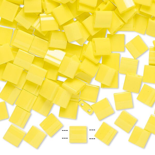 Seed bead, TILA®, glass, pkg/10g, 5mm full tila square, opaque yellow, (TL-404). image number 0