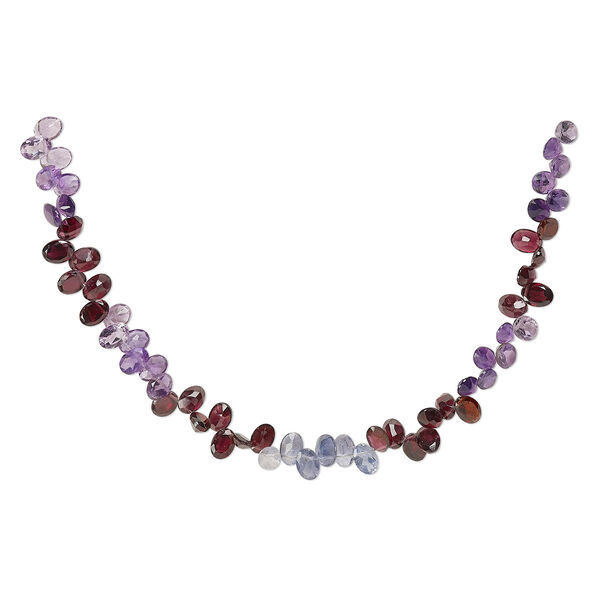 Bead, amethyst / garnet / iolite (natural / heated), 7x5mm-8x6mm hand-cut top-drilled faceted puffed oval, B grade, Mohs hardness 7. Sold per 7-inch strand, approximately 55 beads. image number 0