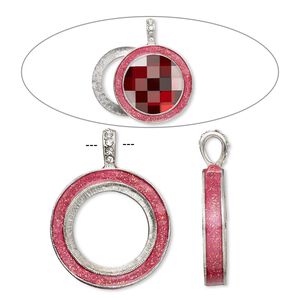 Pendant, Almost Instant Jewelry®, epoxy / crystals / imitation rhodium-finished "pewter" (zinc-based alloy), rose pink and crystal clear with glitter, 45x35mm single-sided with 30mm round setting. Sold individually.