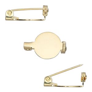 Pin back, gold-plated steel, 1/2 inch round. Sold per pkg of 100.
