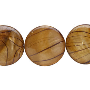 Mother-of-pearl shell 1pkg1, puffed flat round / black stripe bead 15 inch dark brown 19-20mm