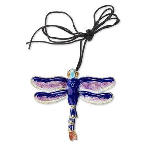 Focal, cloisonné and copper, purple and blue, 52x46mm dragonfly on black adjustable cord. Sold individually.